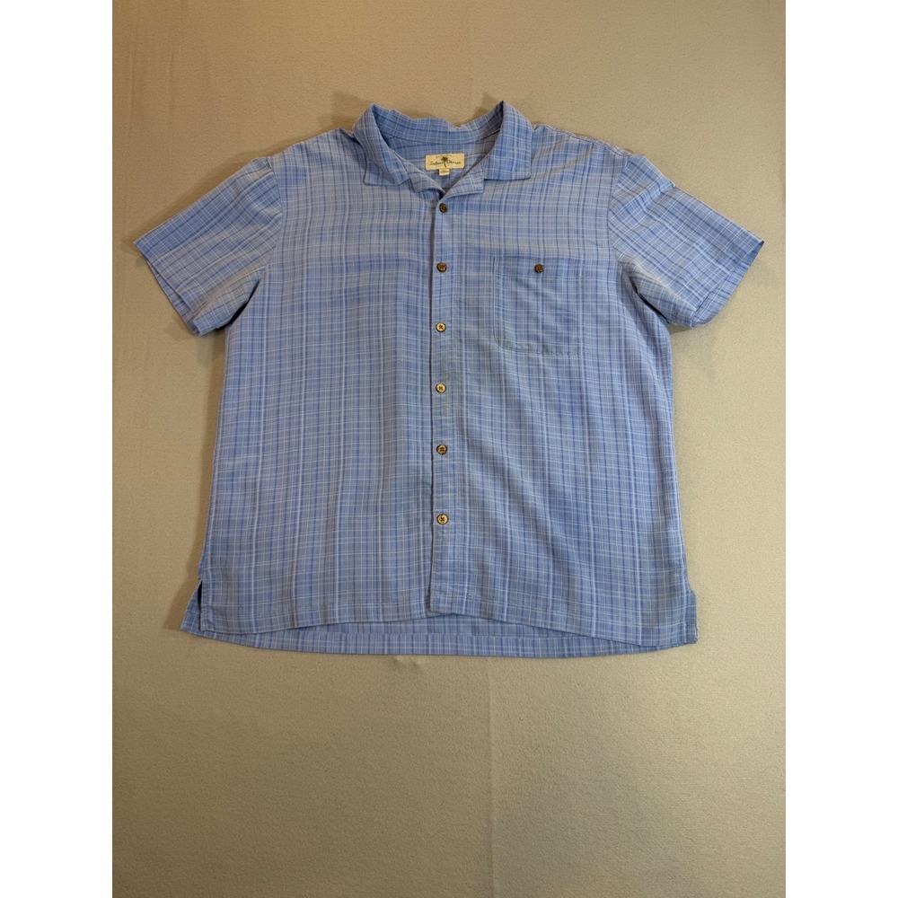 Island Shores Mens XXL Blue Plaid Short Sleeve Button Up Camp Shirt Rayon Blend